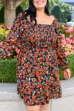 Multicolor Plus Size Smocked Long Sleeve Floral Dress