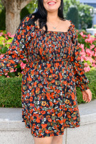 Multicolor Plus Size Smocked Long Sleeve Floral Dress