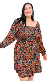 Multicolor Plus Size Smocked Long Sleeve Floral Dress