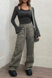 Dark Grey Fake Two Pieces Halter Long Sleeves Top