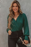 Green Ribbed Texture Drape Front V Neck Bodysuit