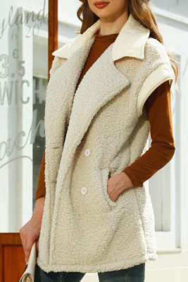 Plain Lapel Collar Open Button Fleece Vest Coat
