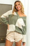 Green Textured Colorblock Long Sleeve V Neck Top