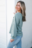 Mist Blue Raw Edge Detail Waffle Knit V Neck Top