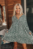 Green Floral Print Collared Puff Sleeve Babydoll Dress