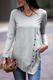 Grey Side Button Irregular Length Long Sleeves Top