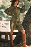 Green Split Neck Balloon Sleeve Tiered Ruffled Dress