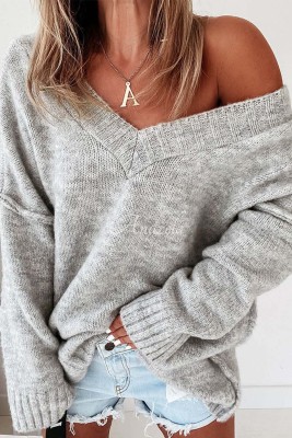 Gray Exposed Seam V Neck Slouchy Sweater