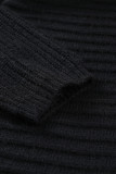 Black Horizontal Rib Knitted Open Front Hooded Cardigan