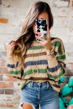 Shallow Khaki Striped Hollowed Knitted Loose Sweater