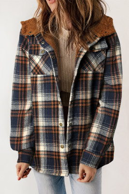 Plaid Pattern Sherpa Lined Hooded Shacket