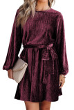 Red Tie Waist Crinkle Velvet Dress