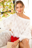 White Zigzag Fringed Boat Neck Sweater