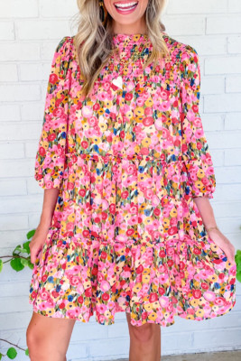 Red 3/4 Sleeve Smocked Tiered Floral Dress