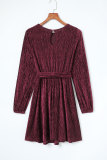 Red Tie Waist Crinkle Velvet Dress