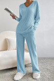 Plain V Neck Rib Long Sleeves Top With Pants 2pcs Set