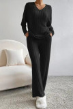 Plain V Neck Rib Long Sleeves Top With Pants 2pcs Set