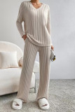 Plain V Neck Rib Long Sleeves Top With Pants 2pcs Set