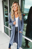 Blue Slub Knit Pocketed Open Front Maxi Cardigan