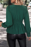 Green Wrap V Neck Puff Babydoll Blouse