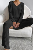 Plain V Neck Rib Long Sleeves Top With Pants 2pcs Set