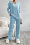 Plain V Neck Rib Long Sleeves Top With Pants 2pcs Set