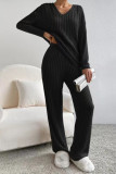 Plain V Neck Rib Long Sleeves Top With Pants 2pcs Set