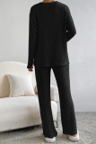 Plain V Neck Rib Long Sleeves Top With Pants 2pcs Set