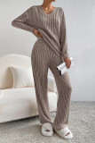 Plain V Neck Rib Long Sleeves Top With Pants 2pcs Set