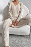 Plain V Neck Rib Long Sleeves Top With Pants 2pcs Set
