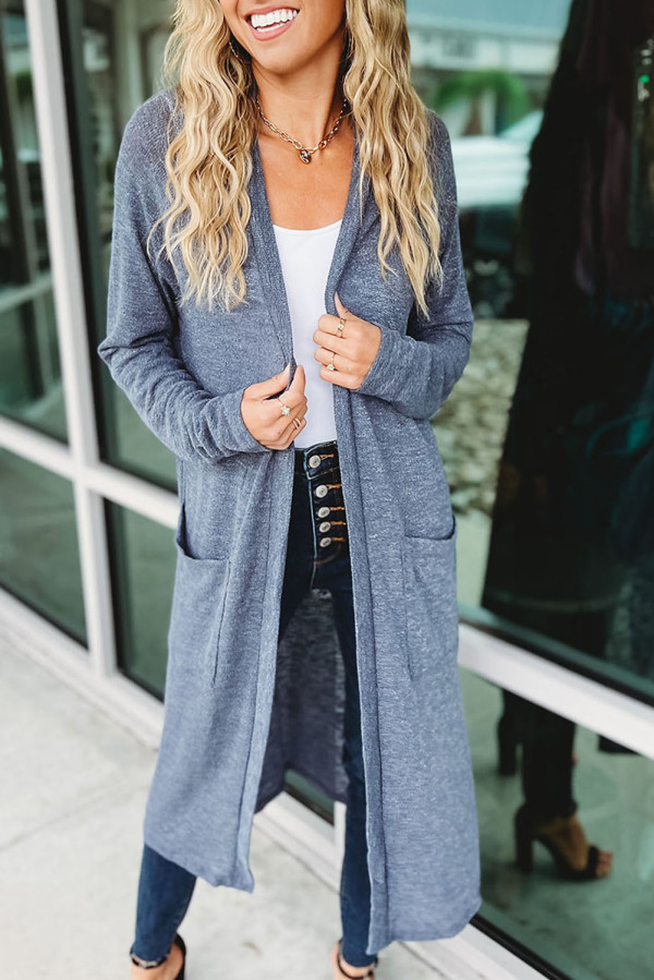 Blue Slub Knit Pocketed Open Front Maxi Cardigan
