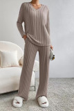 Plain V Neck Rib Long Sleeves Top With Pants 2pcs Set