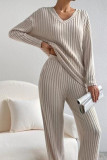 Plain V Neck Rib Long Sleeves Top With Pants 2pcs Set