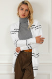 White Striped Detail Fuzzy Open Front Cardigan