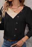 Black Irregular Neckline Buttoned Rib Long Sleeves Top
