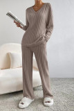 Plain V Neck Rib Long Sleeves Top With Pants 2pcs Set