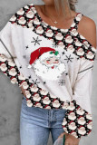 Santa Print One Shoulder Long Sleeves Top