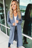 Blue Slub Knit Pocketed Open Front Maxi Cardigan