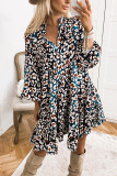 Blue Leopard Print Bubble Sleeve Ruffled Shirt Dress