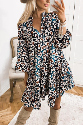 Blue Leopard Print Bubble Sleeve Ruffled Shirt Dress