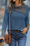 Sail Waffle Knit Patchwork Colorblock Asymmetrical Neck Top