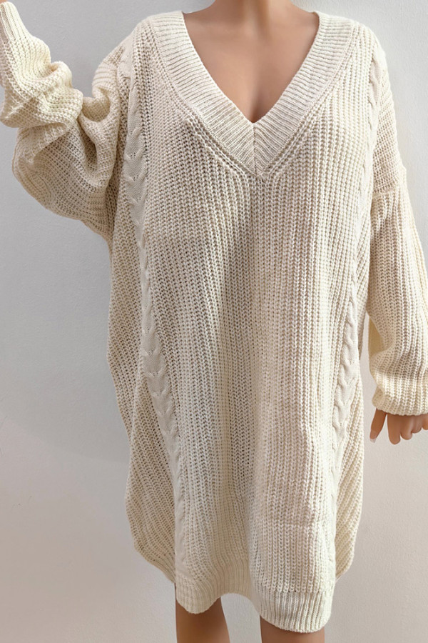 Apricot Deep V Neck Knitting Dress