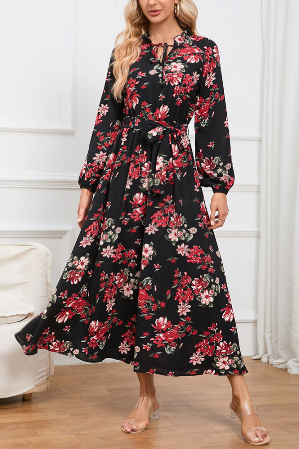 Floral Print Puff Sleeves Maxi Dress