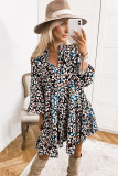 Blue Leopard Print Bubble Sleeve Ruffled Shirt Dress
