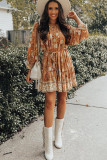 Camel 3/4 Sleeve Tie Waist Pleated Short Boho Floral Dress