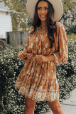 Camel 3/4 Sleeve Tie Waist Pleated Short Boho Floral Dress