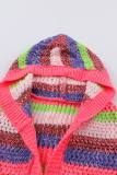 Rose Striped Knitted Hooded Open Front Cardigan
