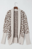 Khaki Fuzzy Leopard Ribbed Trim Lapel Collar Cardigan