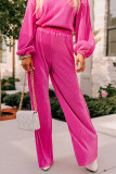 Rose Red Solid Pleated Crop Top Wide Leg Pants Set