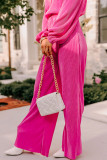 Rose Red Solid Pleated Crop Top Wide Leg Pants Set